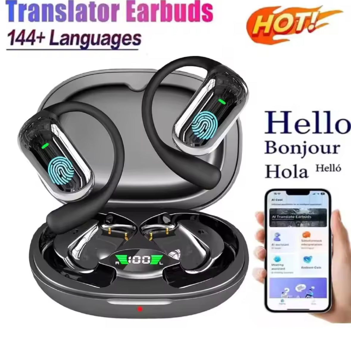 Translator earbuds with charging case and smartphone app display on a white background