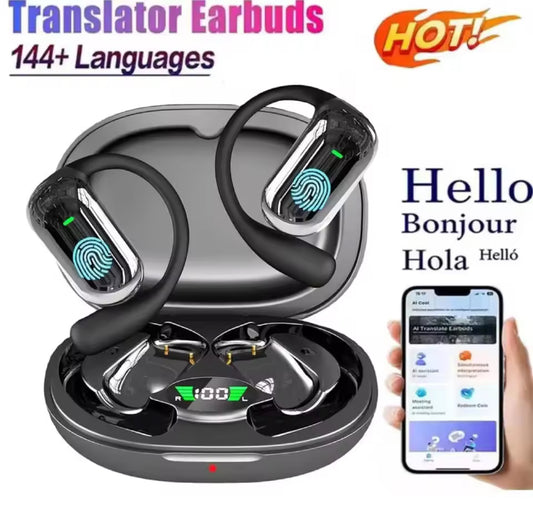 Translator earbuds with charging case and smartphone app display on a white background
